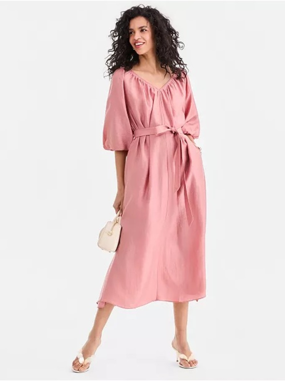 I.N.C. International Concepts Women's 3/4 Sleeve Tie-Waist Midi Dress